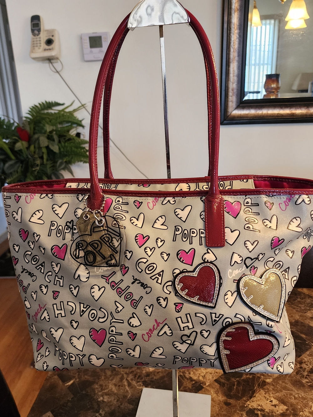 Coach PoppyTote Grey with Red Leather Trim and Heart Print